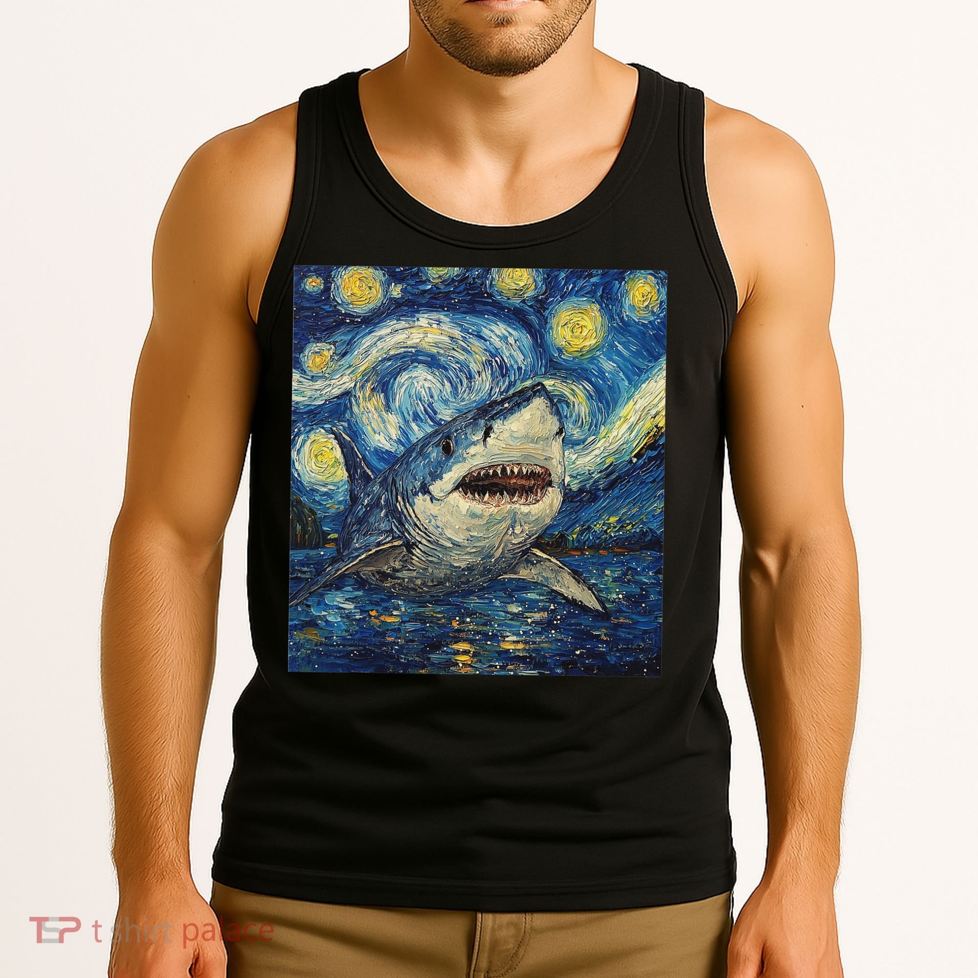 Funny Shark Van Gogh Style Starry Night Tank Top