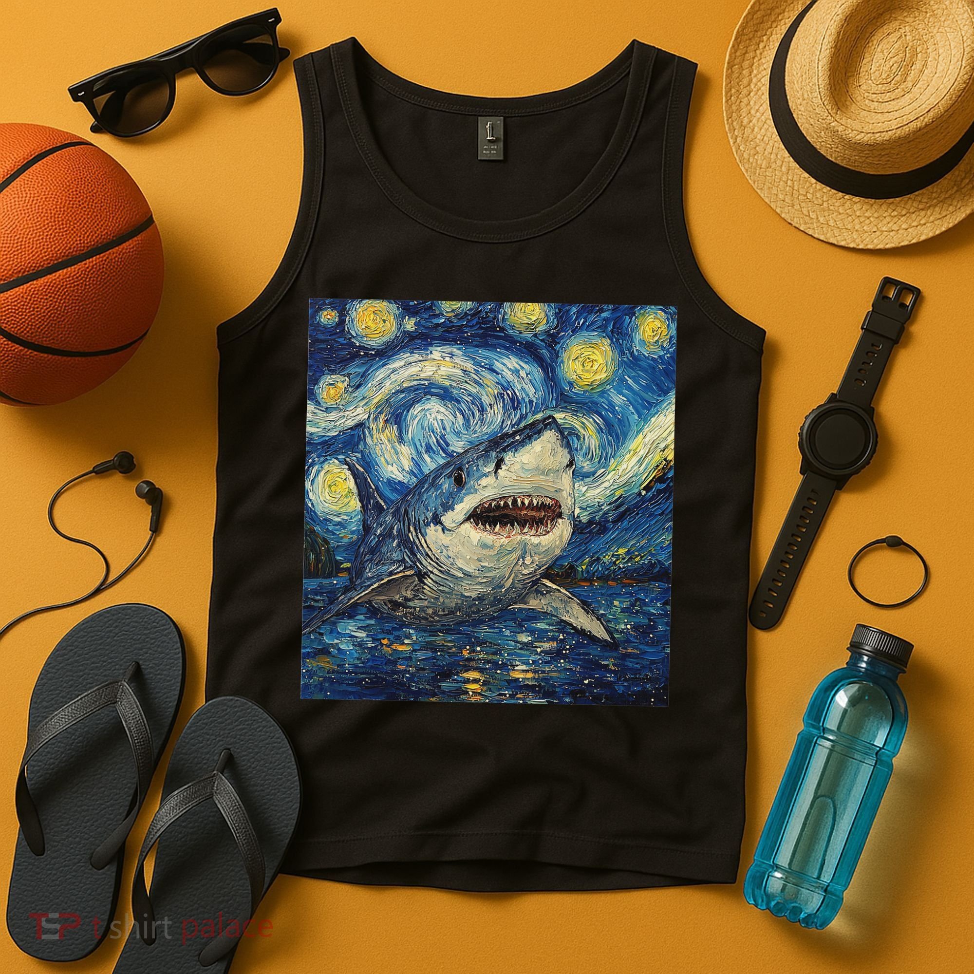 Funny Shark Van Gogh Style Starry Night Tank Top