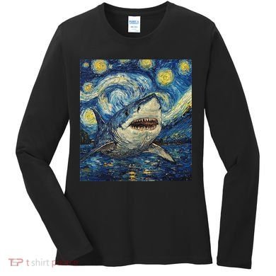 Funny Shark Van Gogh Style Starry Night Women's Long Sleeve Shirt