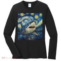 Funny Shark Van Gogh Style Starry Night Women's Long Sleeve Shirt thumb 0