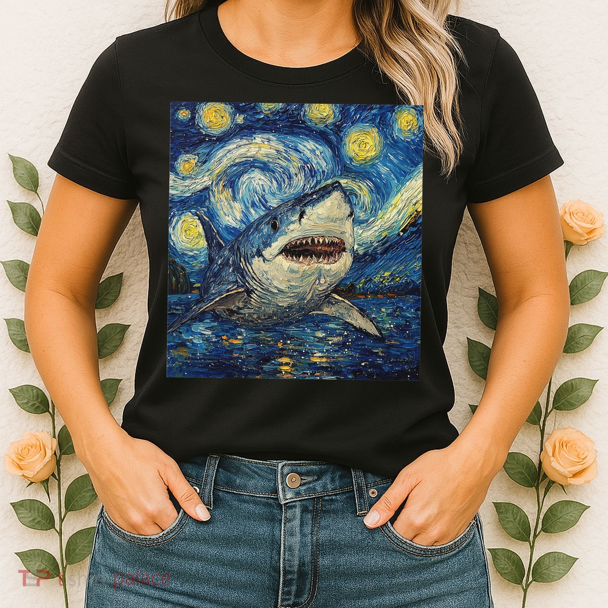 Funny Shark Van Gogh Style Starry Night Women's T-Shirt