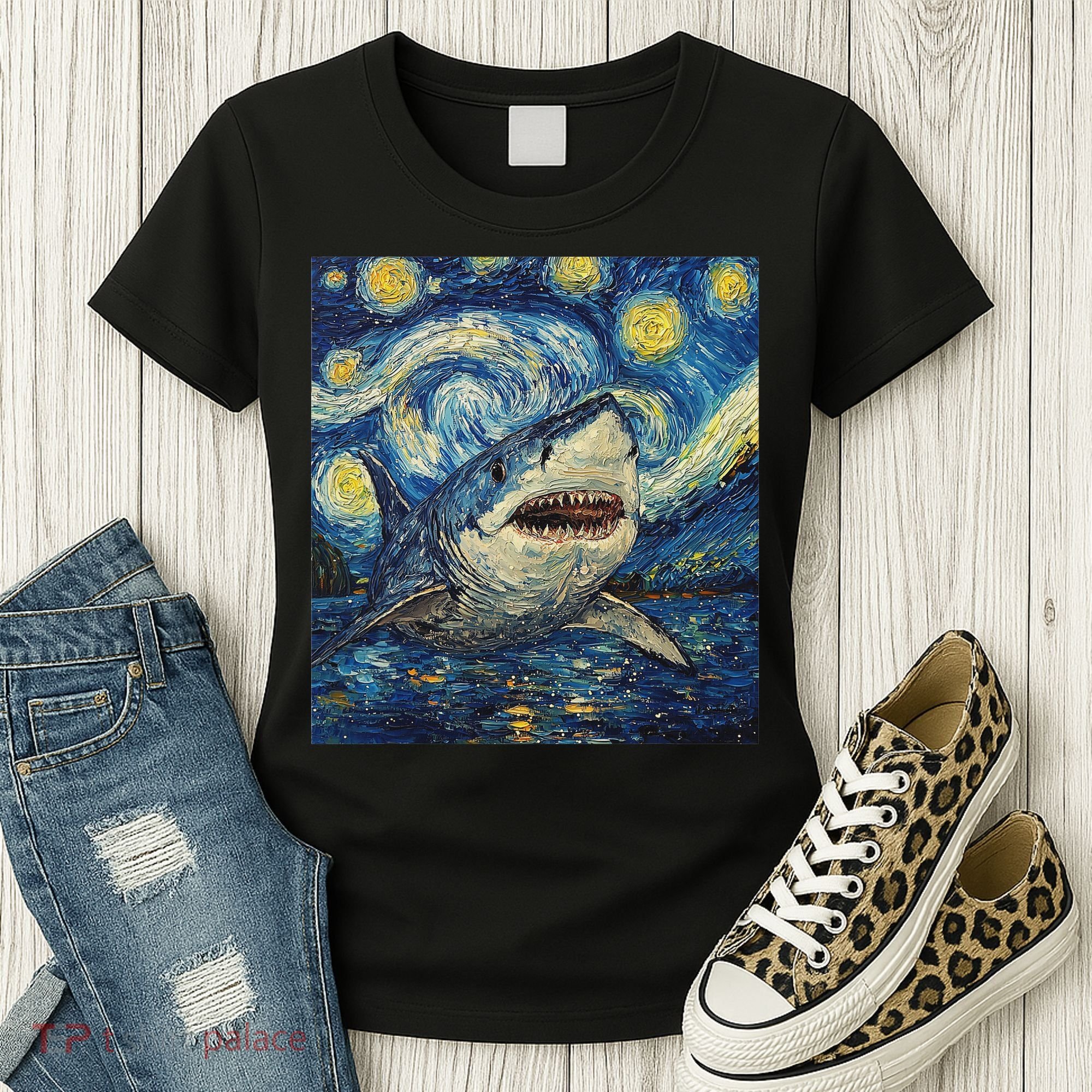 Funny Shark Van Gogh Style Starry Night Women's T-Shirt