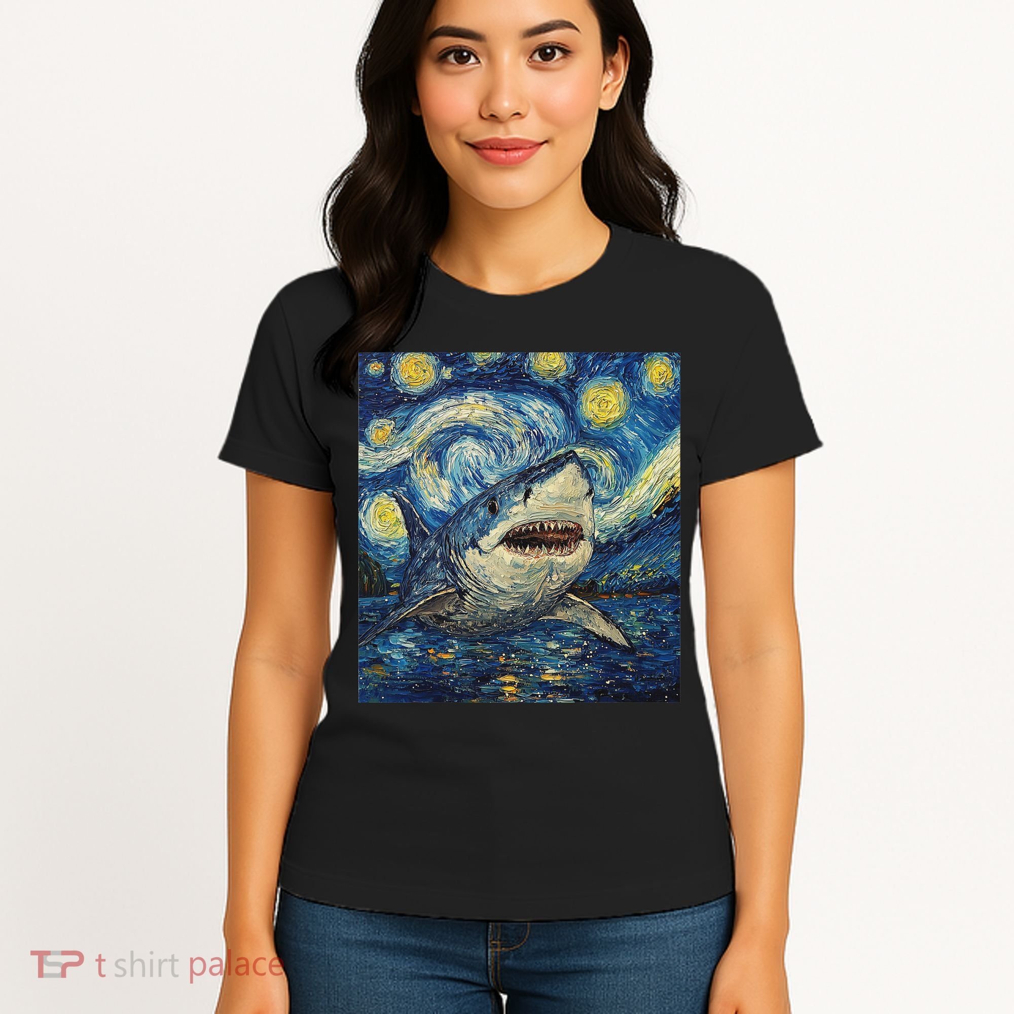 Funny Shark Van Gogh Style Starry Night Women's T-Shirt