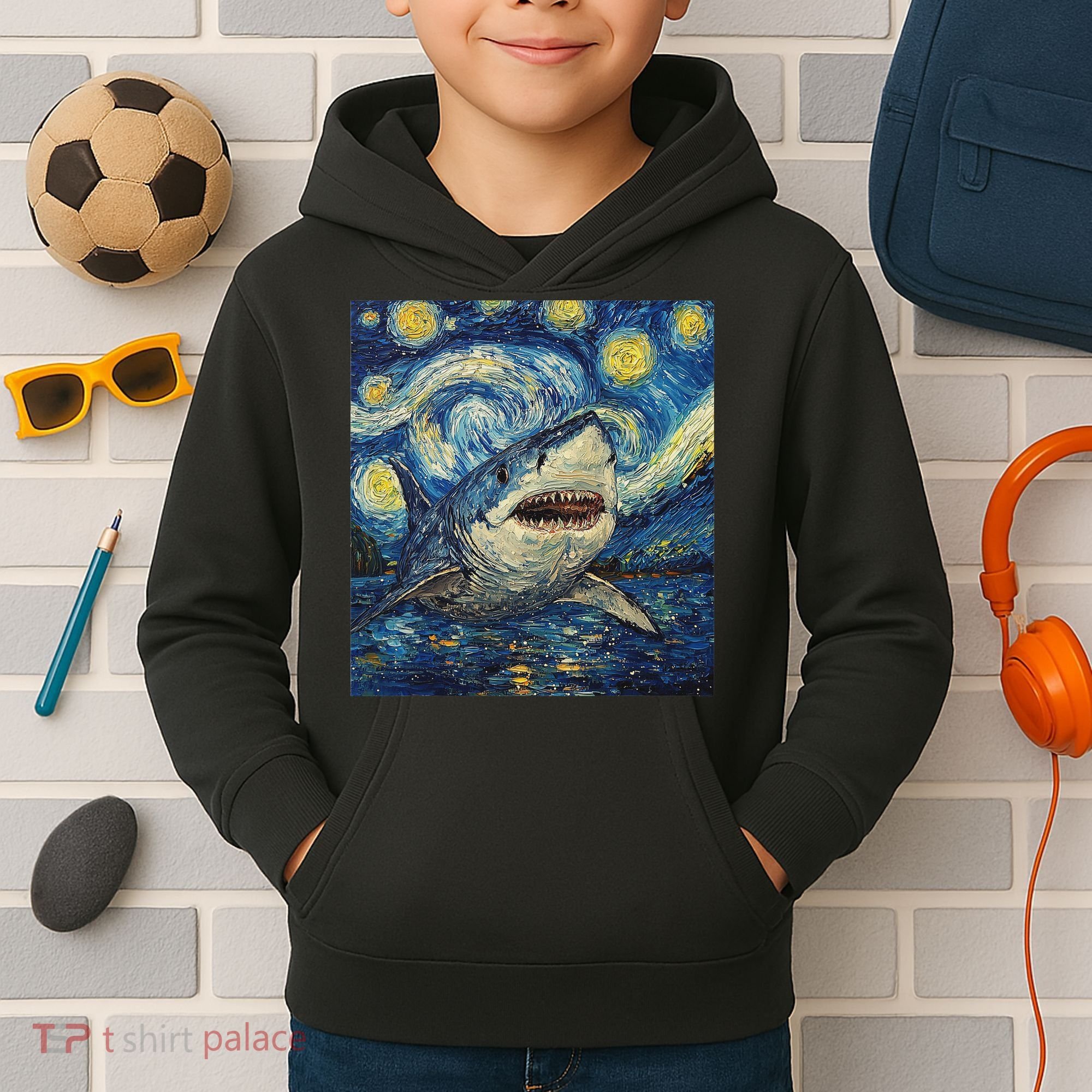 Funny Shark Van Gogh Style Starry Night Kids Hoodie