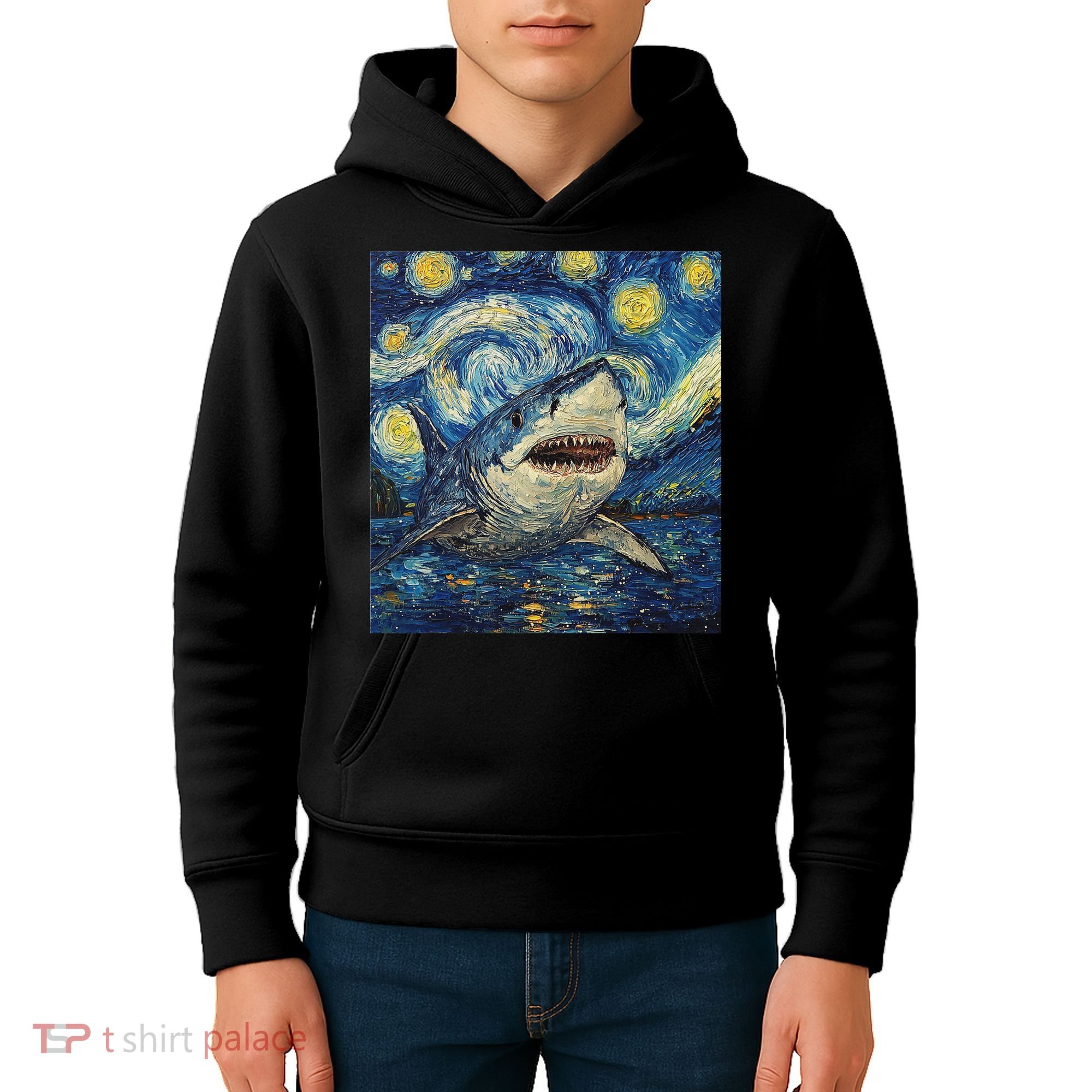 Funny Shark Van Gogh Style Starry Night Kids Hoodie