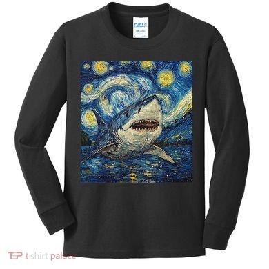 Funny Shark Van Gogh Style Starry Night Kids Long Sleeve Shirt
