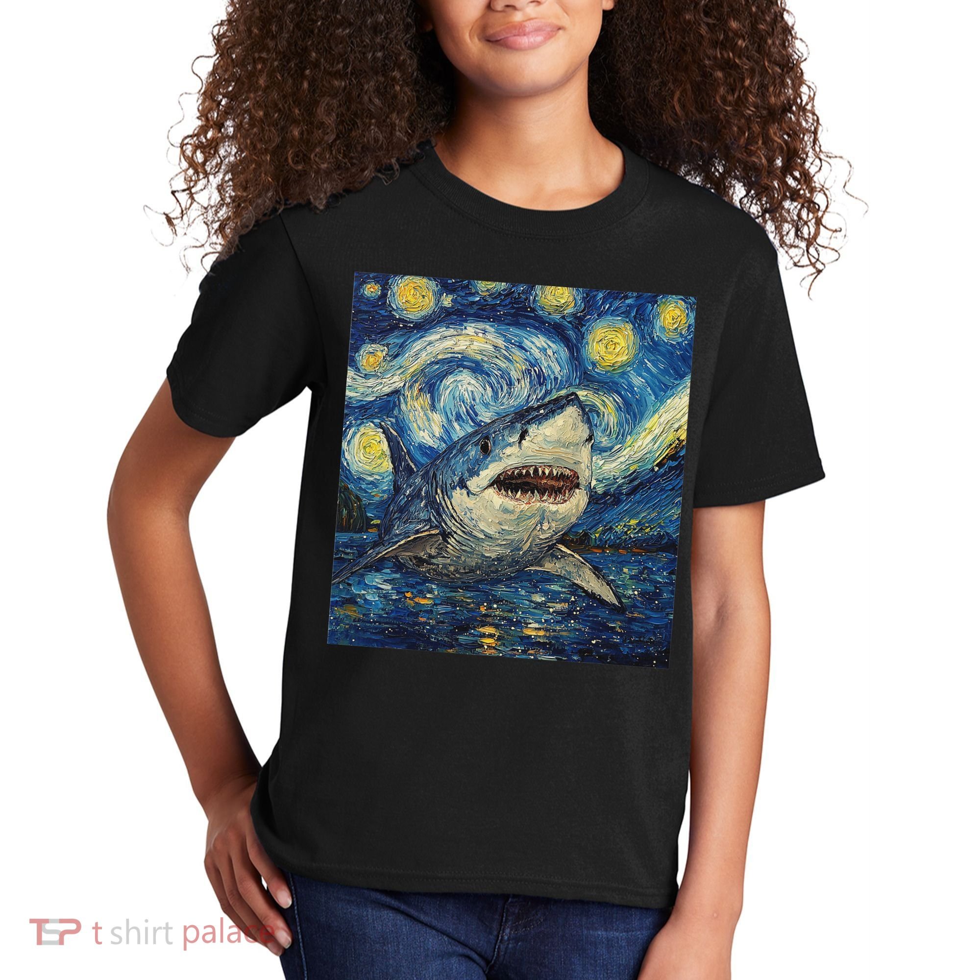 Funny Shark Van Gogh Style Starry Night Kids T-Shirt