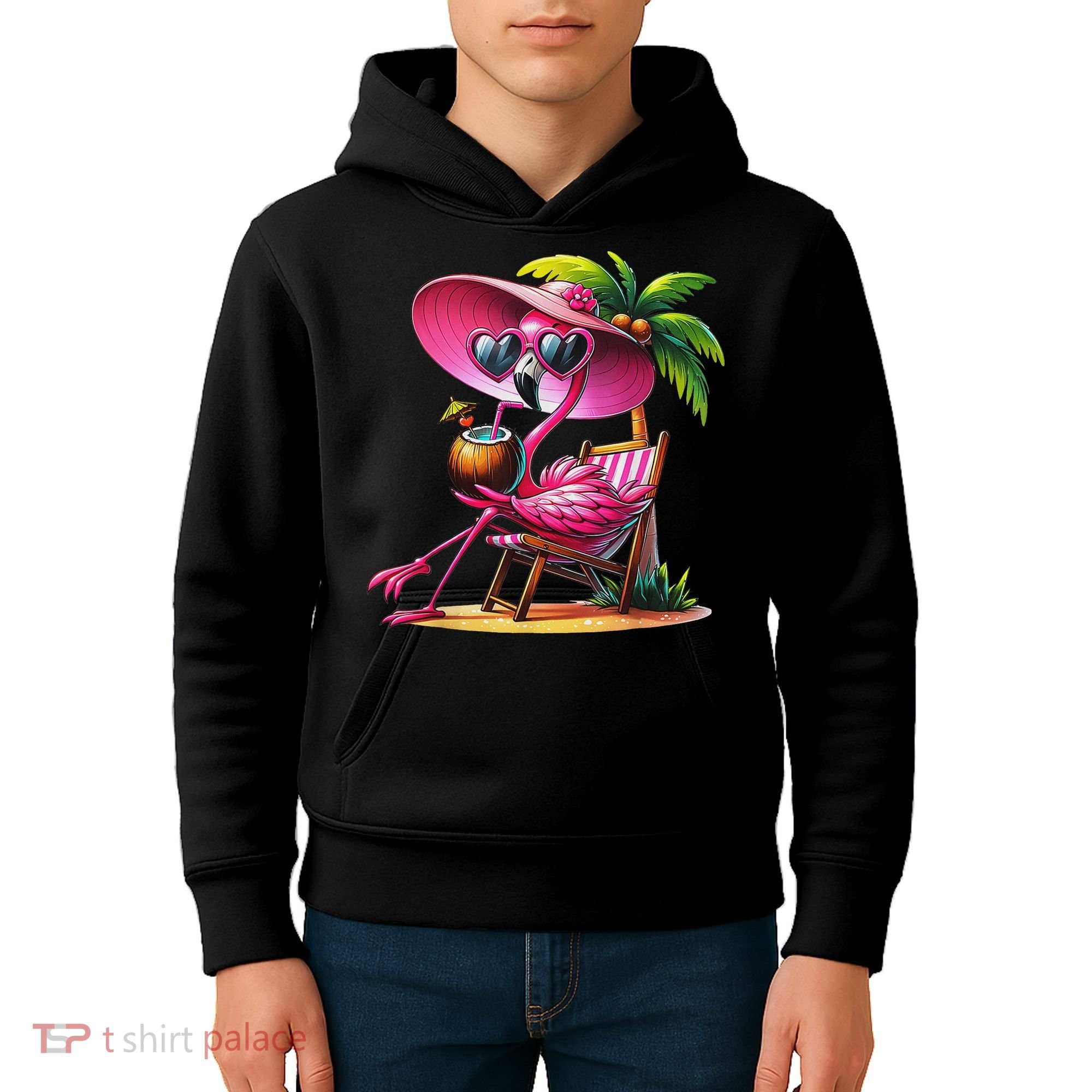 Flamingo Summer Vibes Beach Palm Tree Summer Vacation Kids Hoodie