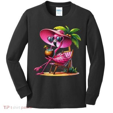 Flamingo Summer Vibes Beach Palm Tree Summer Vacation Kids Long Sleeve Shirt