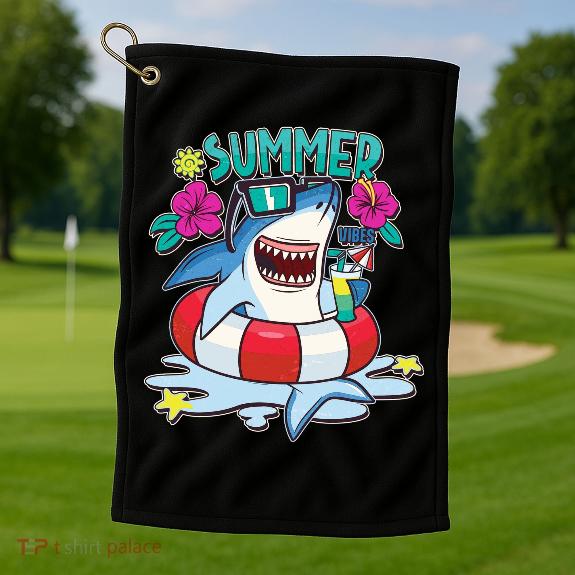 Funny Summer Vibe Vacation Shark Golf Towel
