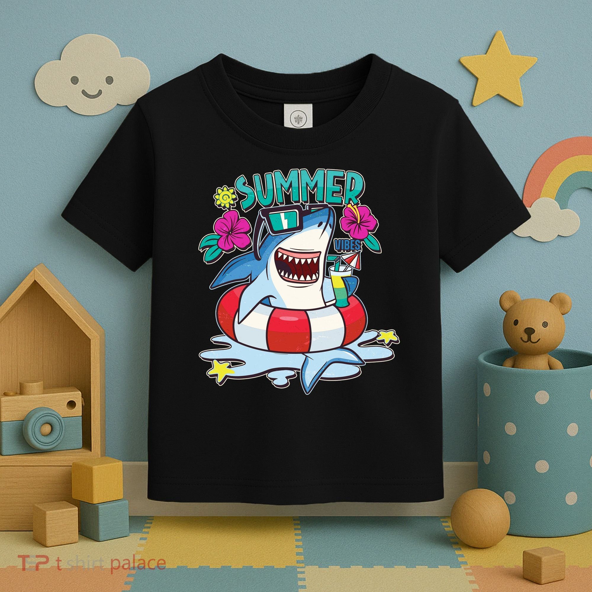 Funny Summer Vibe Vacation Shark Toddler T-Shirt