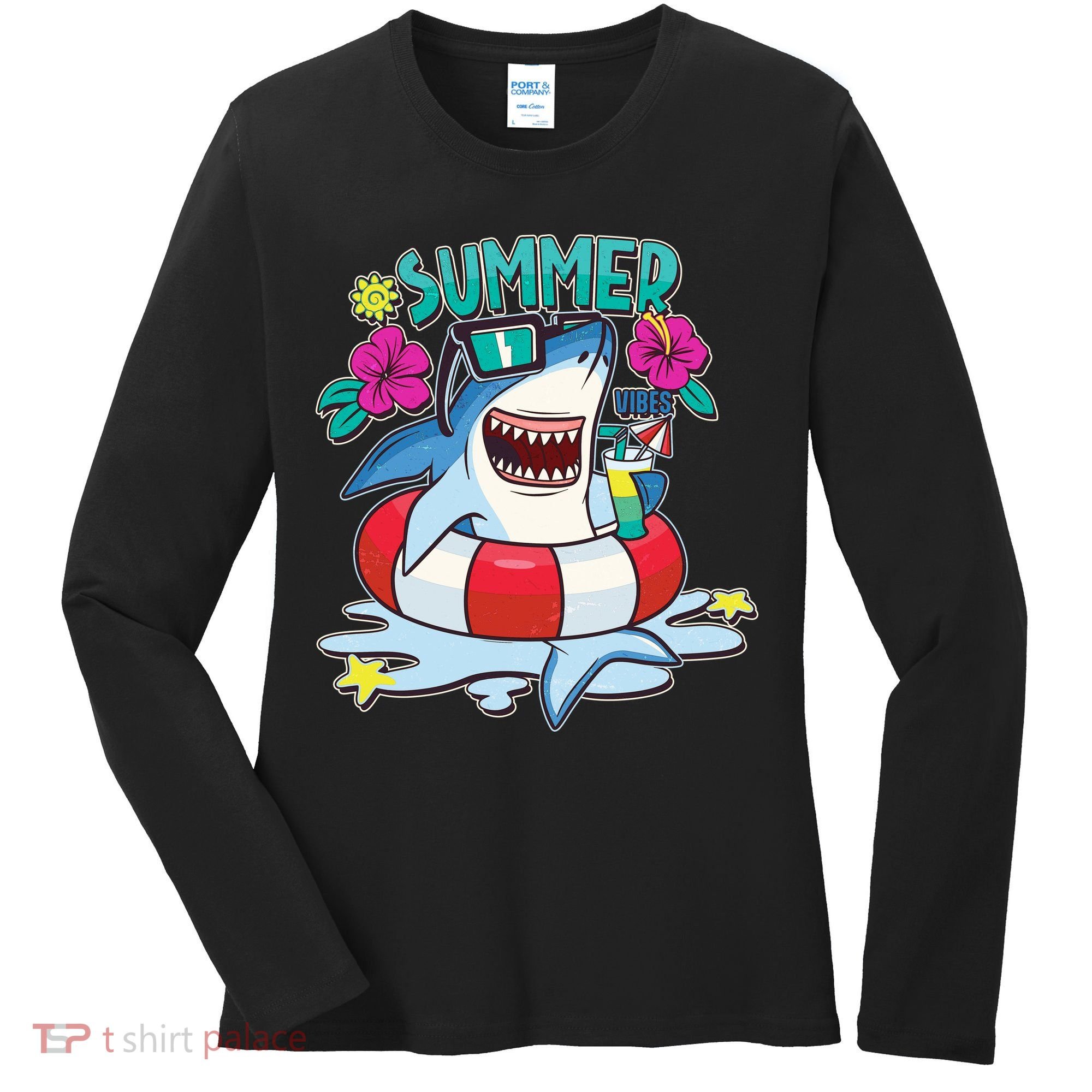 Funny Summer Vibe Vacation Shark Women's Long Sleeve Shirt