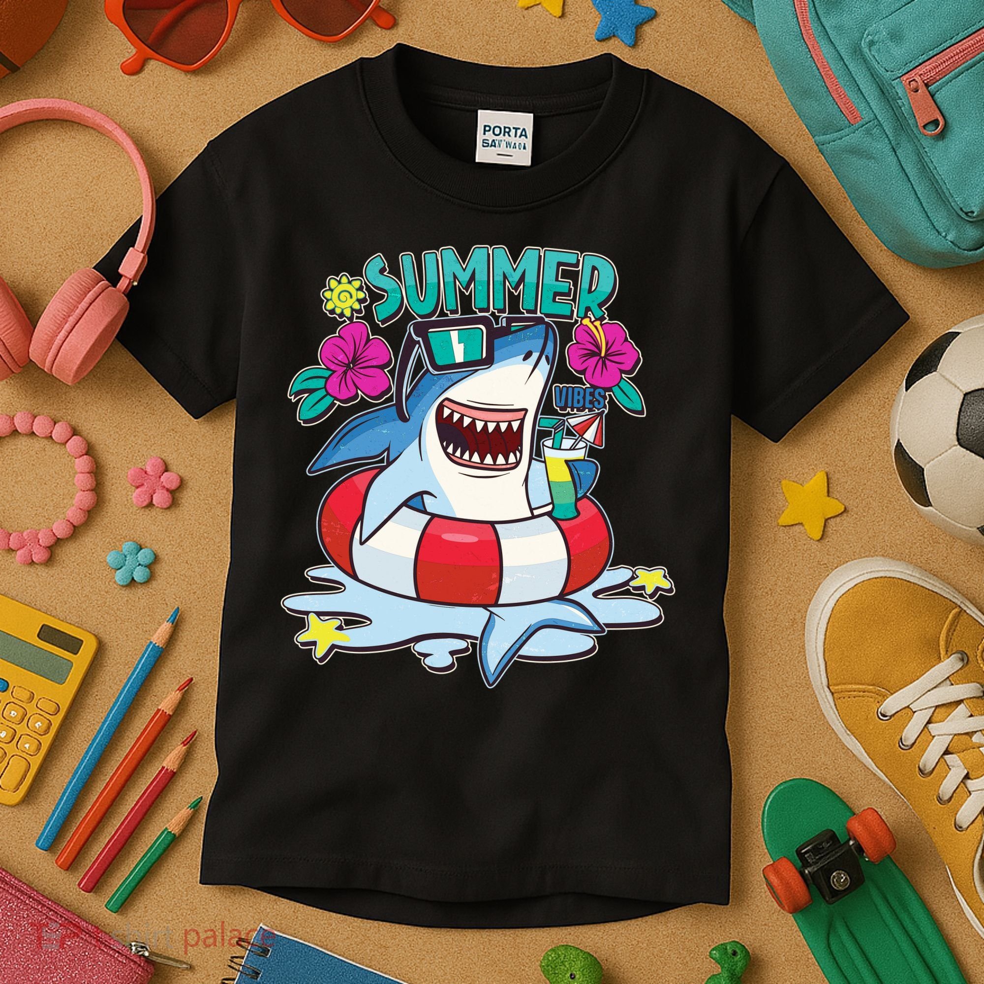 Funny Summer Vibe Vacation Shark Kids T-Shirt