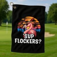 Flamingo Sunglasses Vacation Tropical Flock 70s 80s 90s Gift Golf Towel thumb 1
