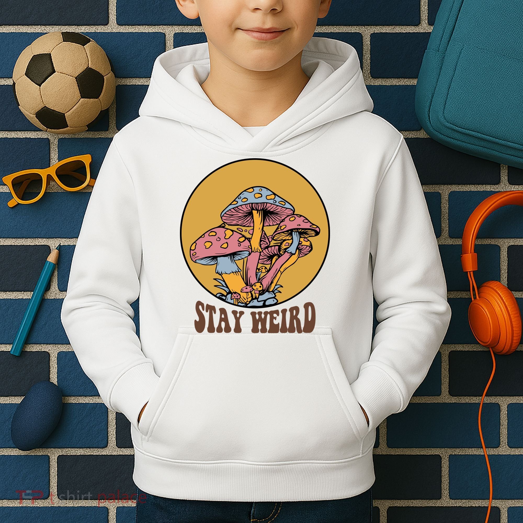 Funny Stay Weird Mushroom Meme Kids Hoodie