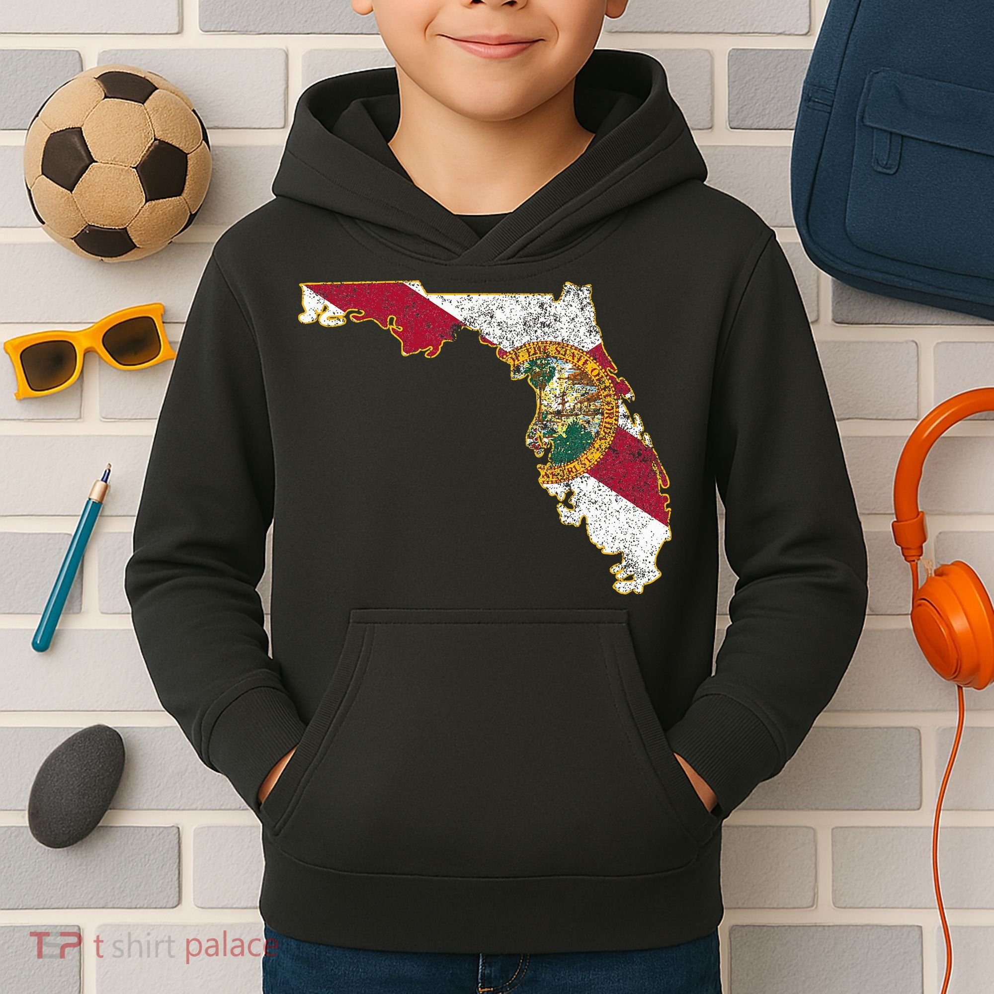 Florida State With Florida Shape Flag Kids Hoodie