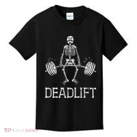 Funny Skeleton Weight Lifting Workout Kids T-Shirt thumb 0