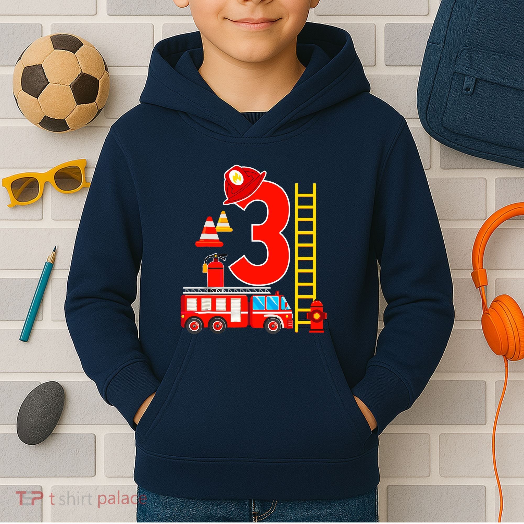 Fire Truck 3rd Birthday Boy 3 Year Old Firefighter Kids Hoodie