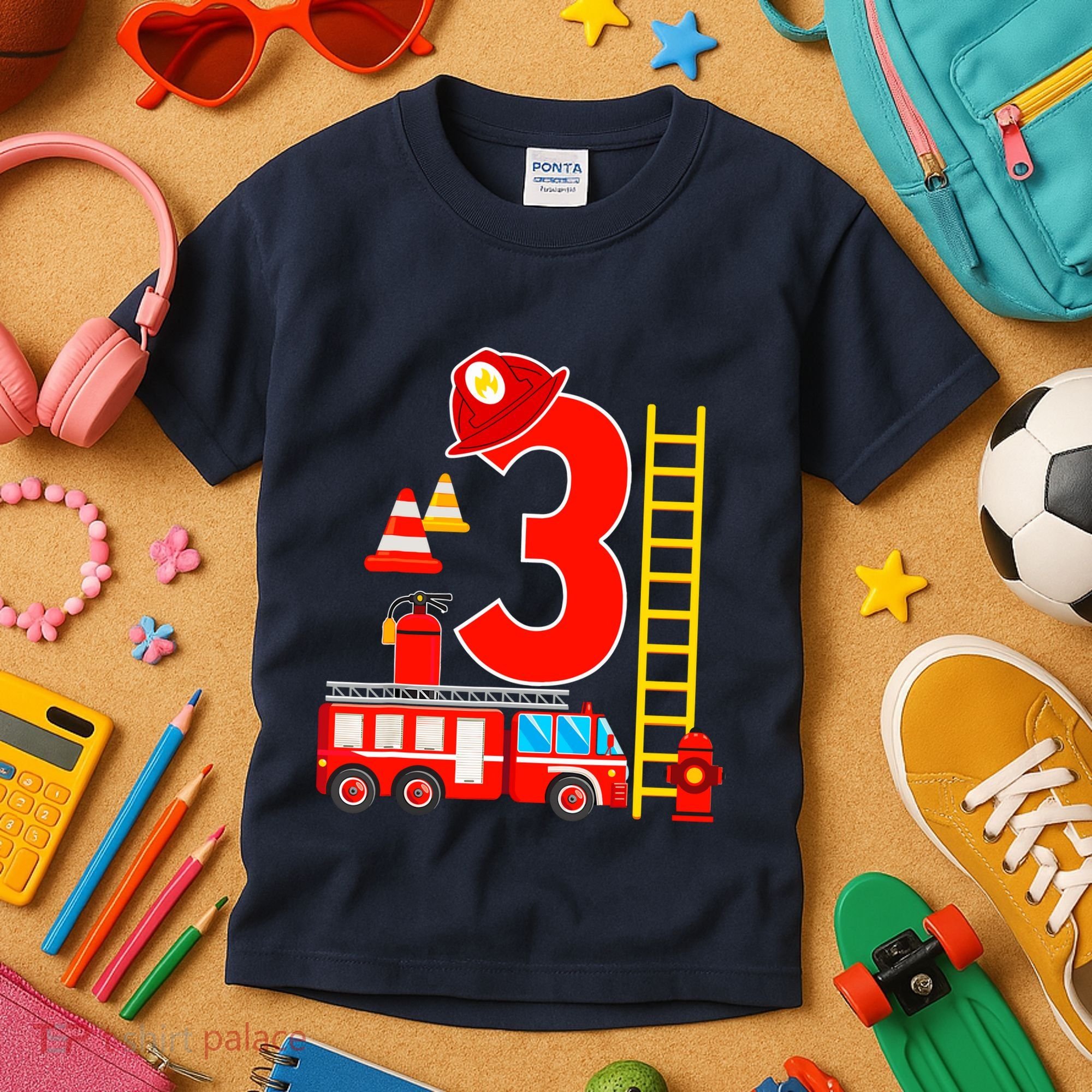 Fire Truck 3rd Birthday Boy 3 Year Old Firefighter Kids T-Shirt