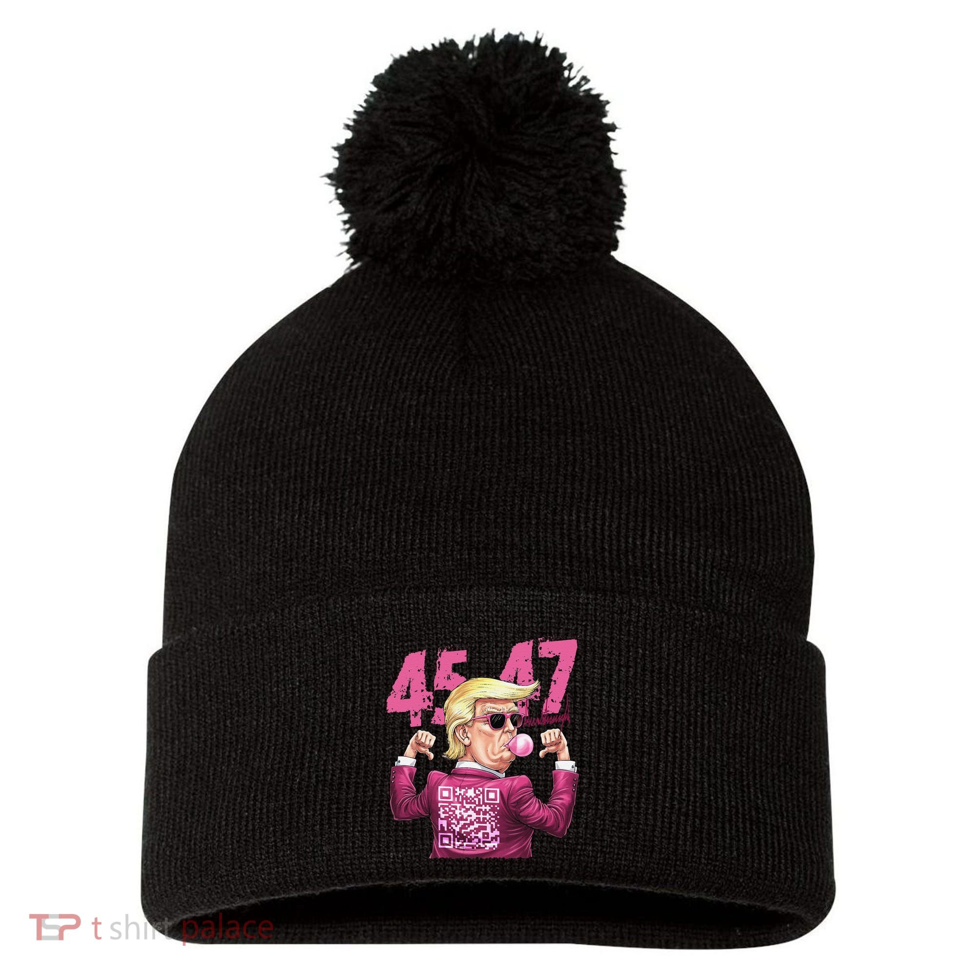 Funny Trump 45 47 Bubble Pin.K Qr Dancing Code Pom Pom 12in Knit Beanie