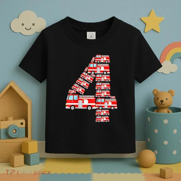 Fire Truck 4th Birthday 4 Year Old Firefighter Toddler T-Shirt