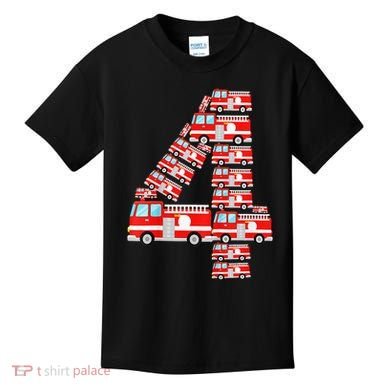 Fire Truck 4th Birthday 4 Year Old Firefighter Kids T-Shirt