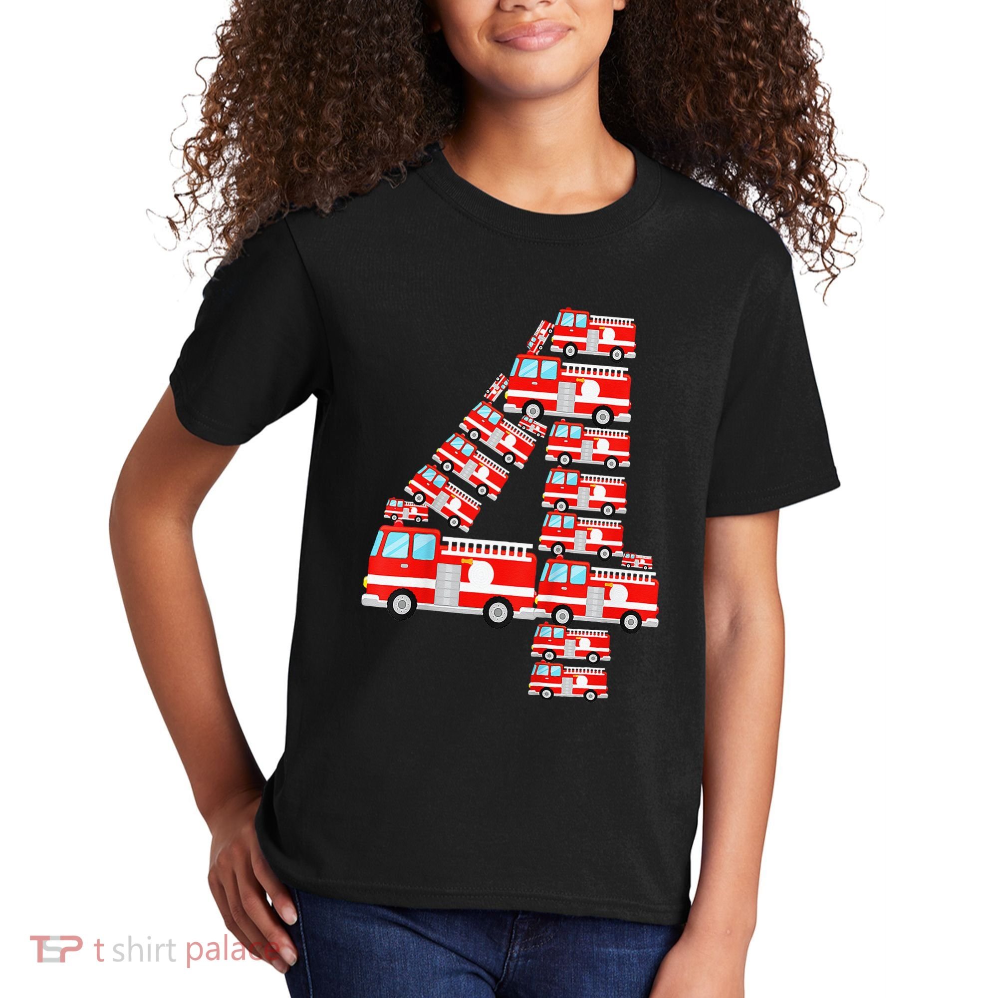 Fire Truck 4th Birthday 4 Year Old Firefighter Kids T-Shirt
