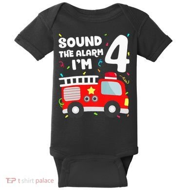 Fire Truck 4th Birthday Firefighter 4 Year Old Baby Bodysuit