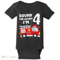 Fire Truck 4th Birthday Firefighter 4 Year Old Baby Bodysuit thumb 0