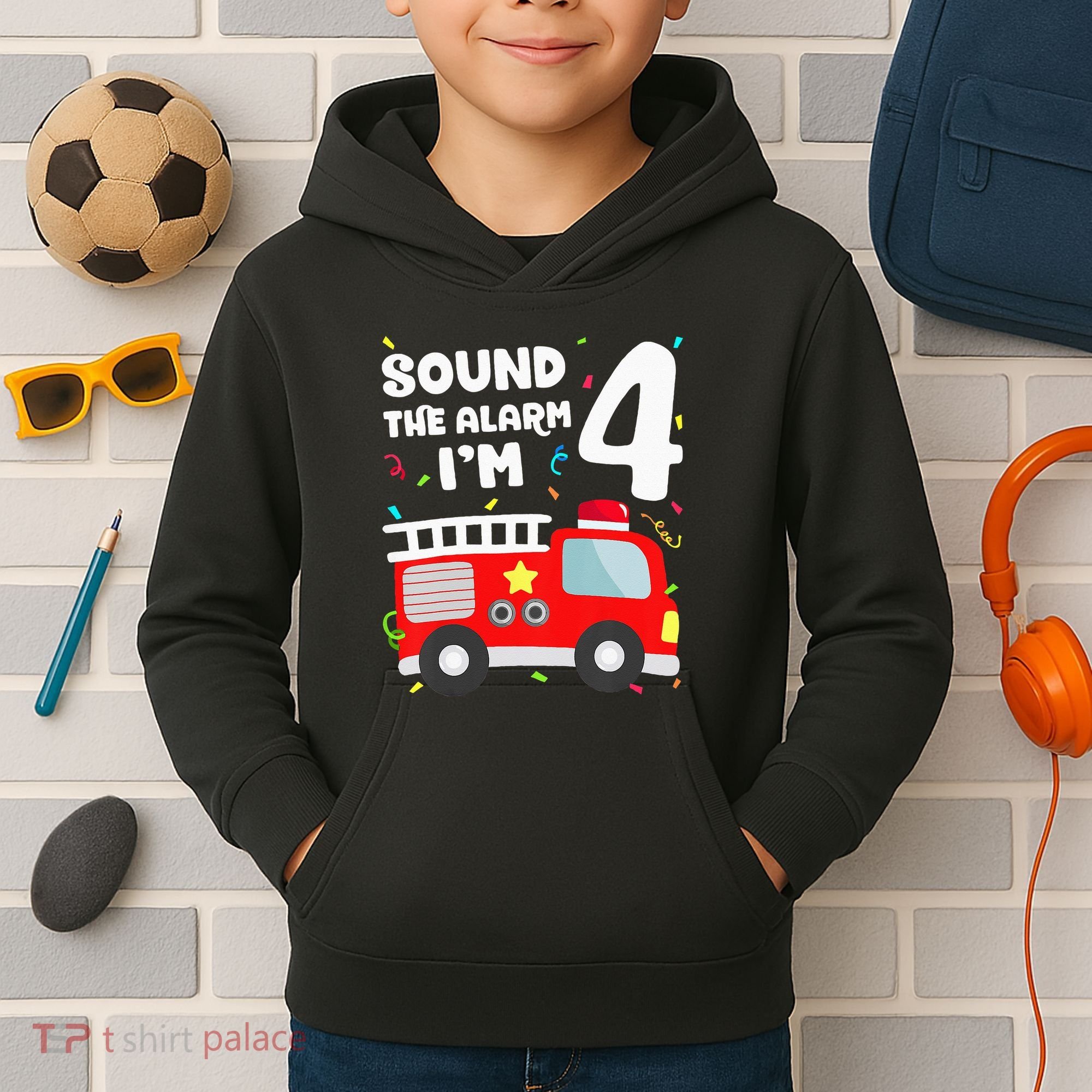 Fire Truck 4th Birthday Firefighter 4 Year Old Kids Hoodie
