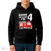 Fire Truck 4th Birthday Firefighter 4 Year Old Kids Hoodie thumb 4