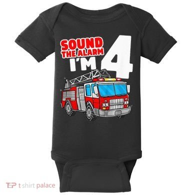 Fire Truck 4 Year Old Firefighter Four 4th Birthday Baby Bodysuit