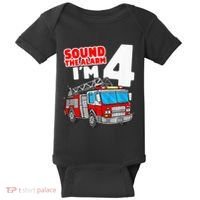 Fire Truck 4 Year Old Firefighter Four 4th Birthday Baby Bodysuit thumb 0