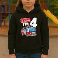 Fire Truck 4 Year Old Firefighter Four 4th Birthday Kids Hoodie thumb 3