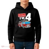 Fire Truck 4 Year Old Firefighter Four 4th Birthday Kids Hoodie thumb 4