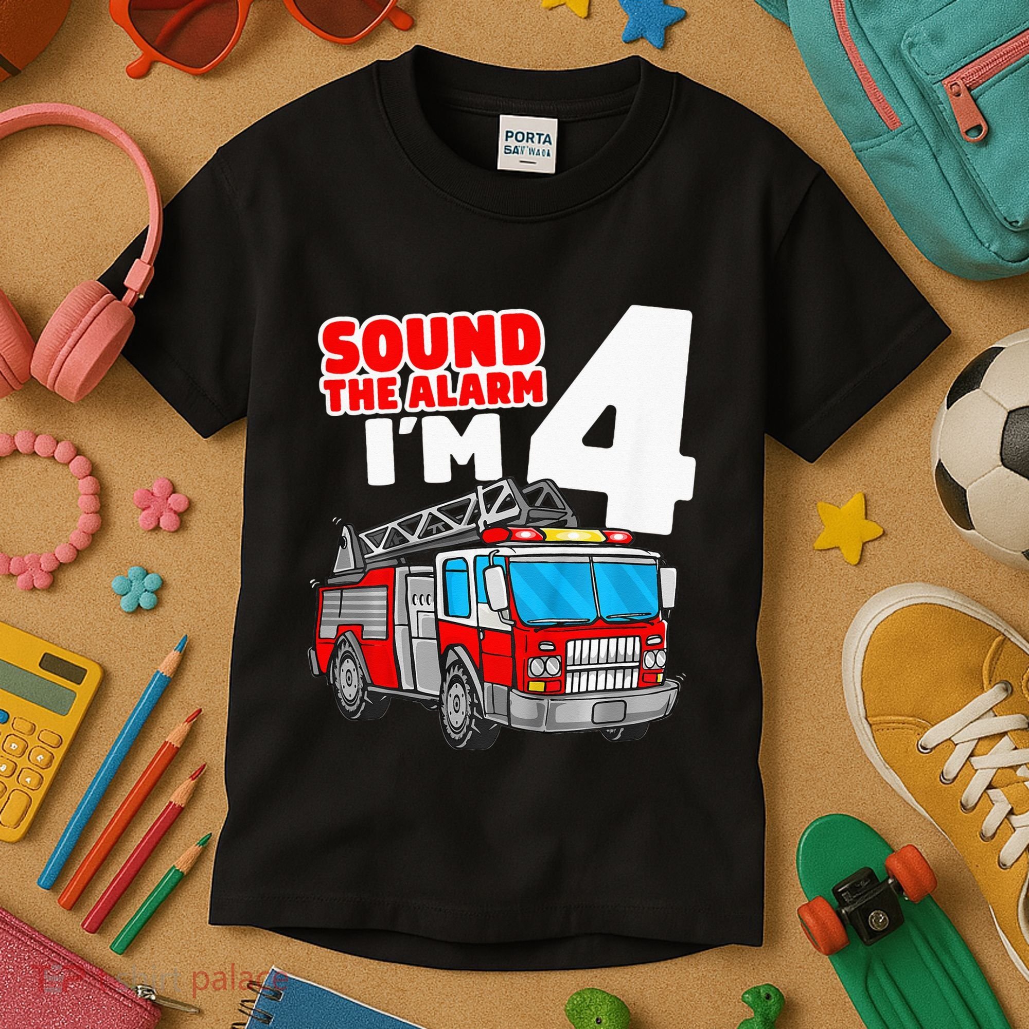 Fire Truck 4 Year Old Firefighter Four 4th Birthday Kids T-Shirt