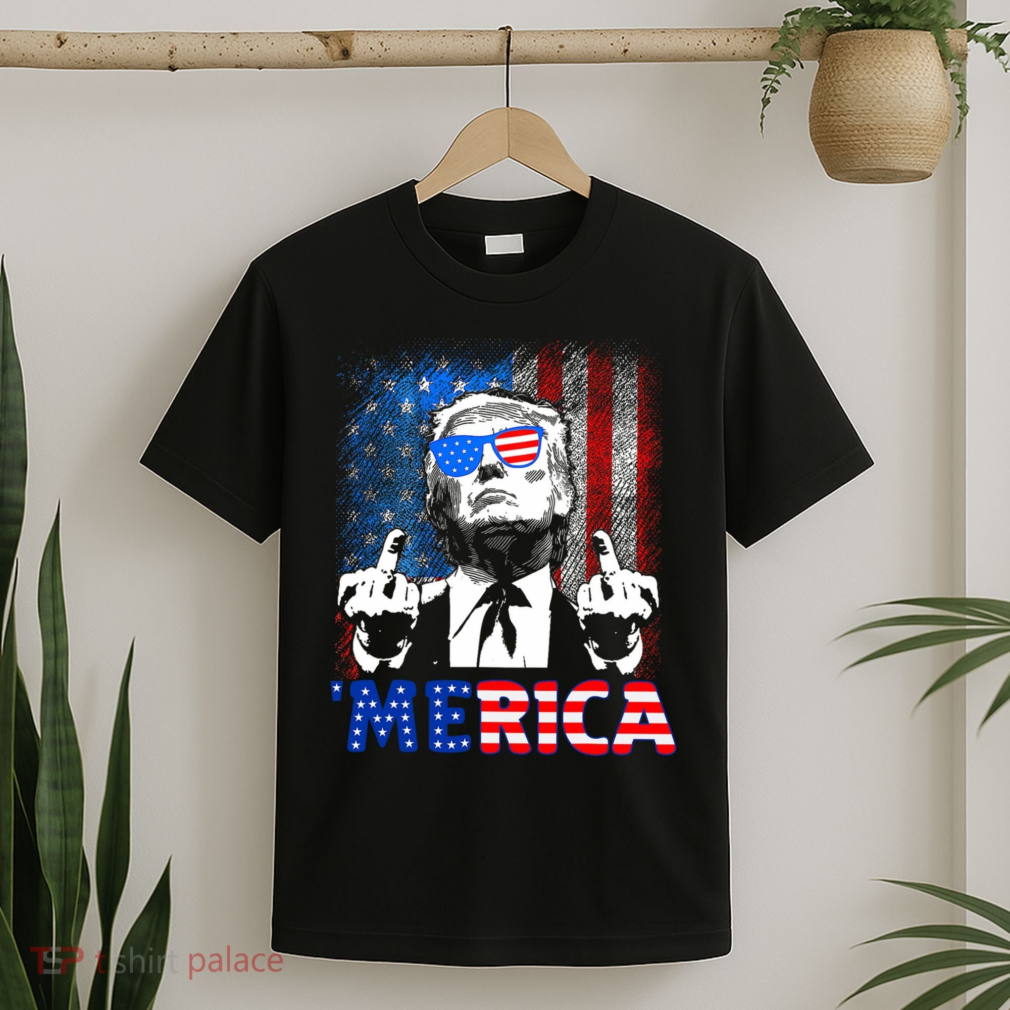 Funny Trump 4th Of July Merica American Flag Sunglasses T-Shirt