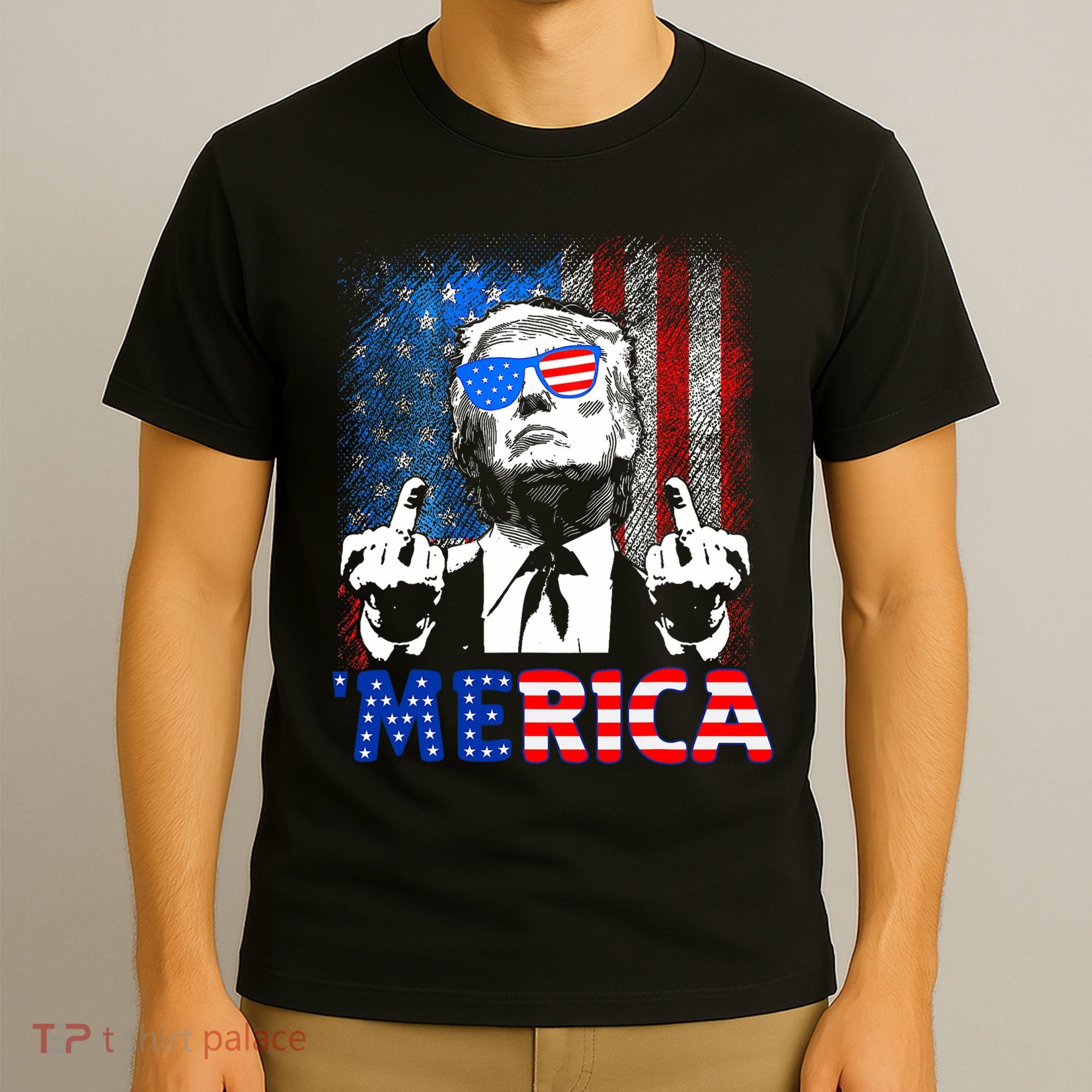 Funny Trump 4th Of July Merica American Flag Sunglasses T-Shirt