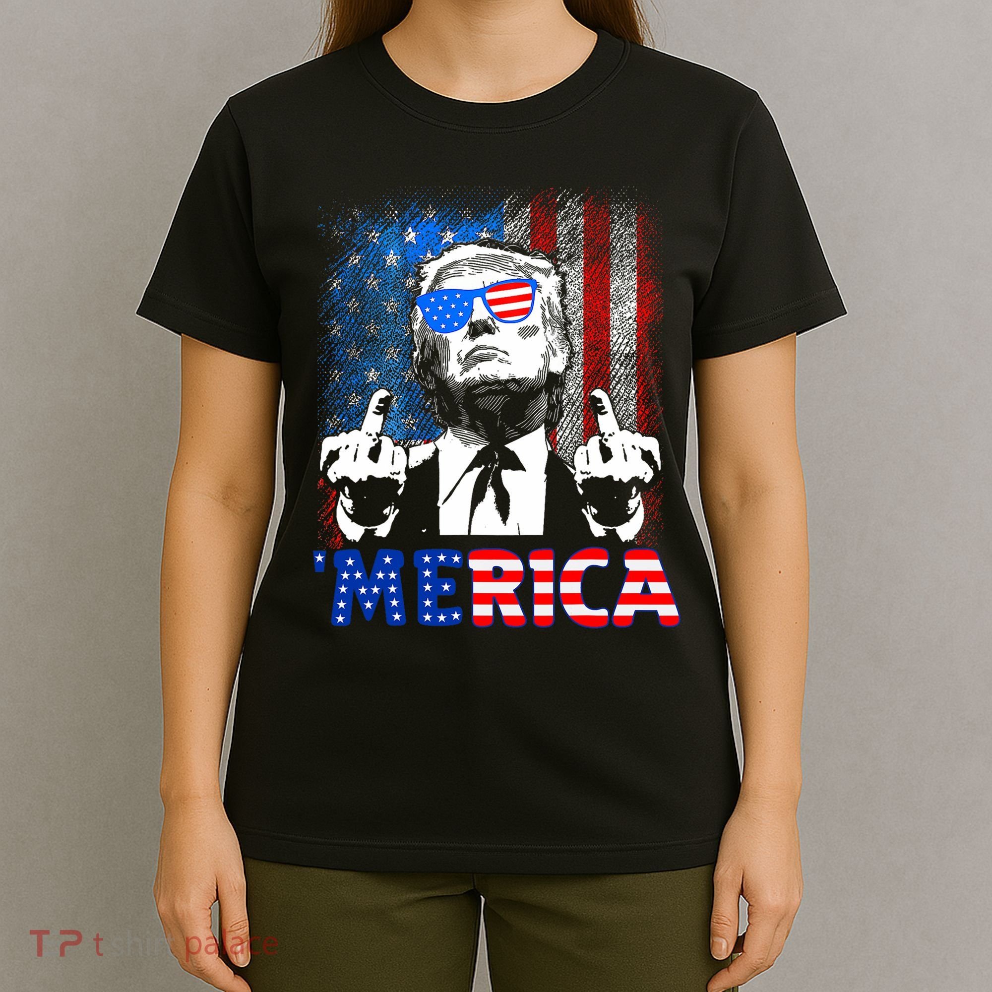 Funny Trump 4th Of July Merica American Flag Sunglasses T-Shirt