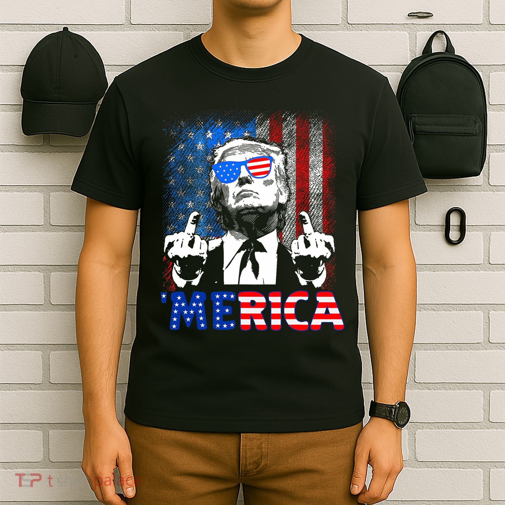 Funny Trump 4th Of July Merica American Flag Sunglasses T-Shirt