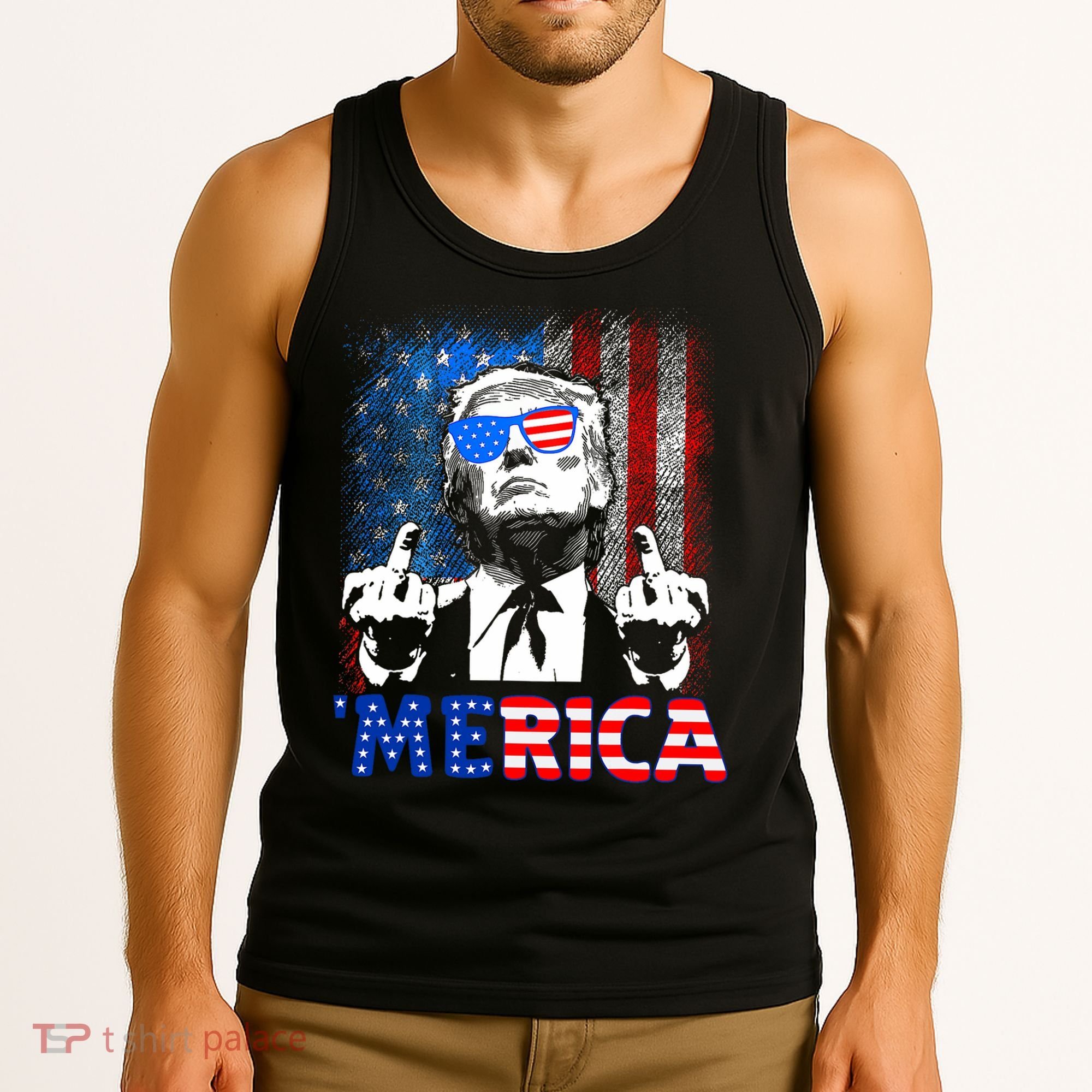 Funny Trump 4th Of July Merica American Flag Sunglasses Tank Top