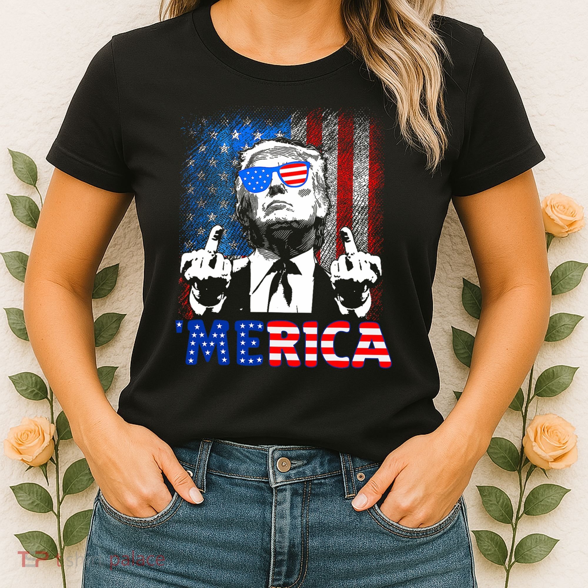Funny Trump 4th Of July Merica American Flag Sunglasses Women's T-Shirt