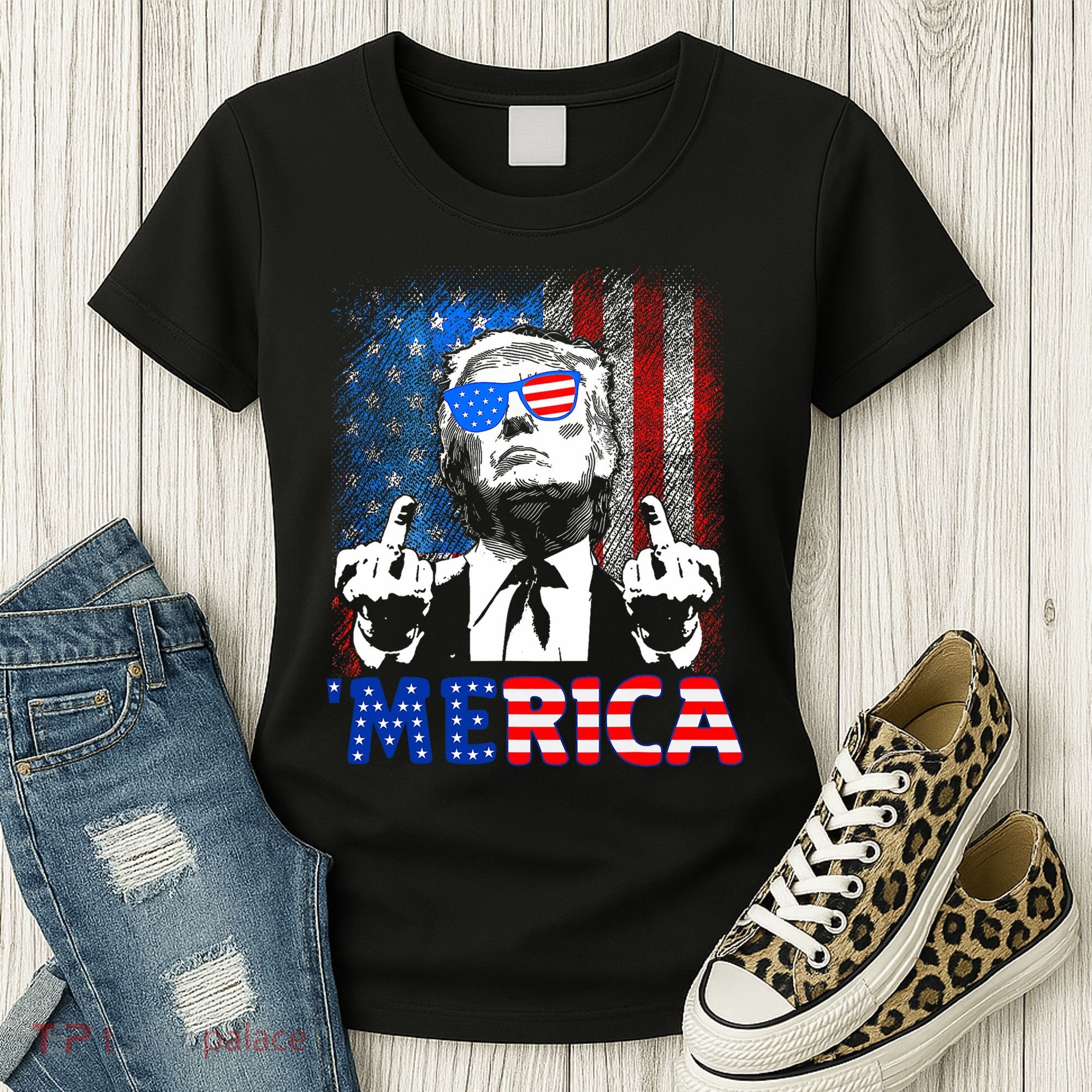 Funny Trump 4th Of July Merica American Flag Sunglasses Women's T-Shirt
