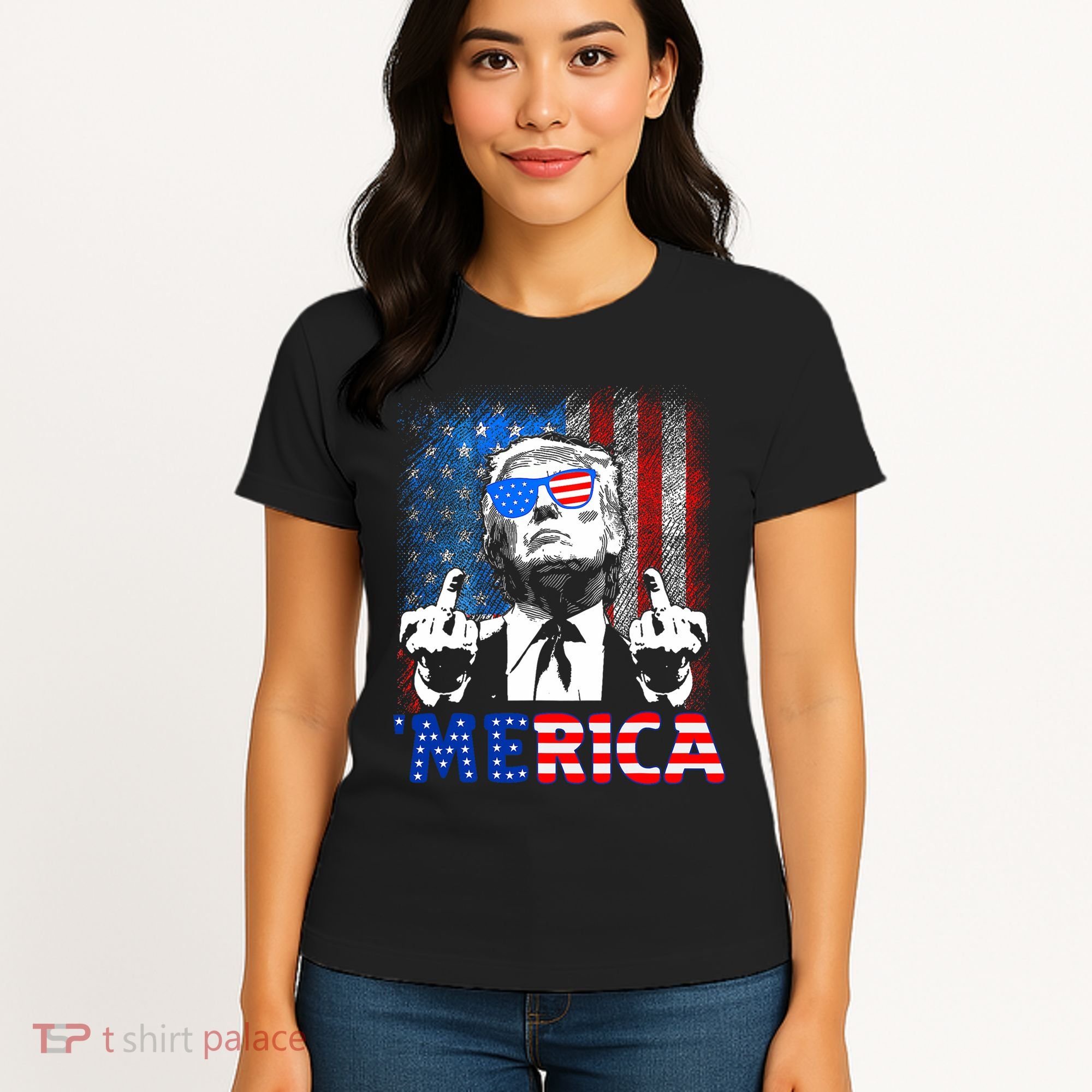 Funny Trump 4th Of July Merica American Flag Sunglasses Women's T-Shirt