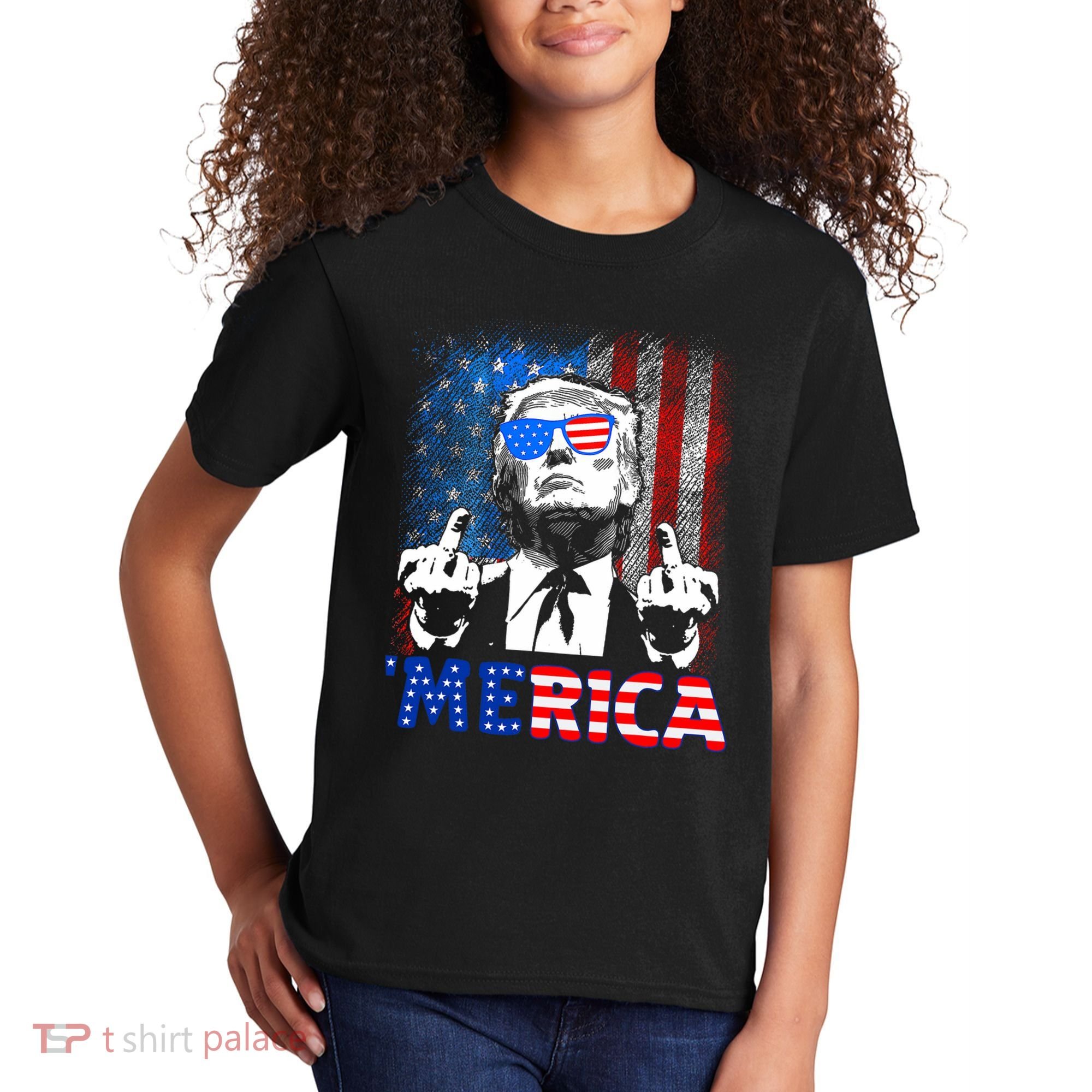 Funny Trump 4th Of July Merica American Flag Sunglasses Kids T-Shirt