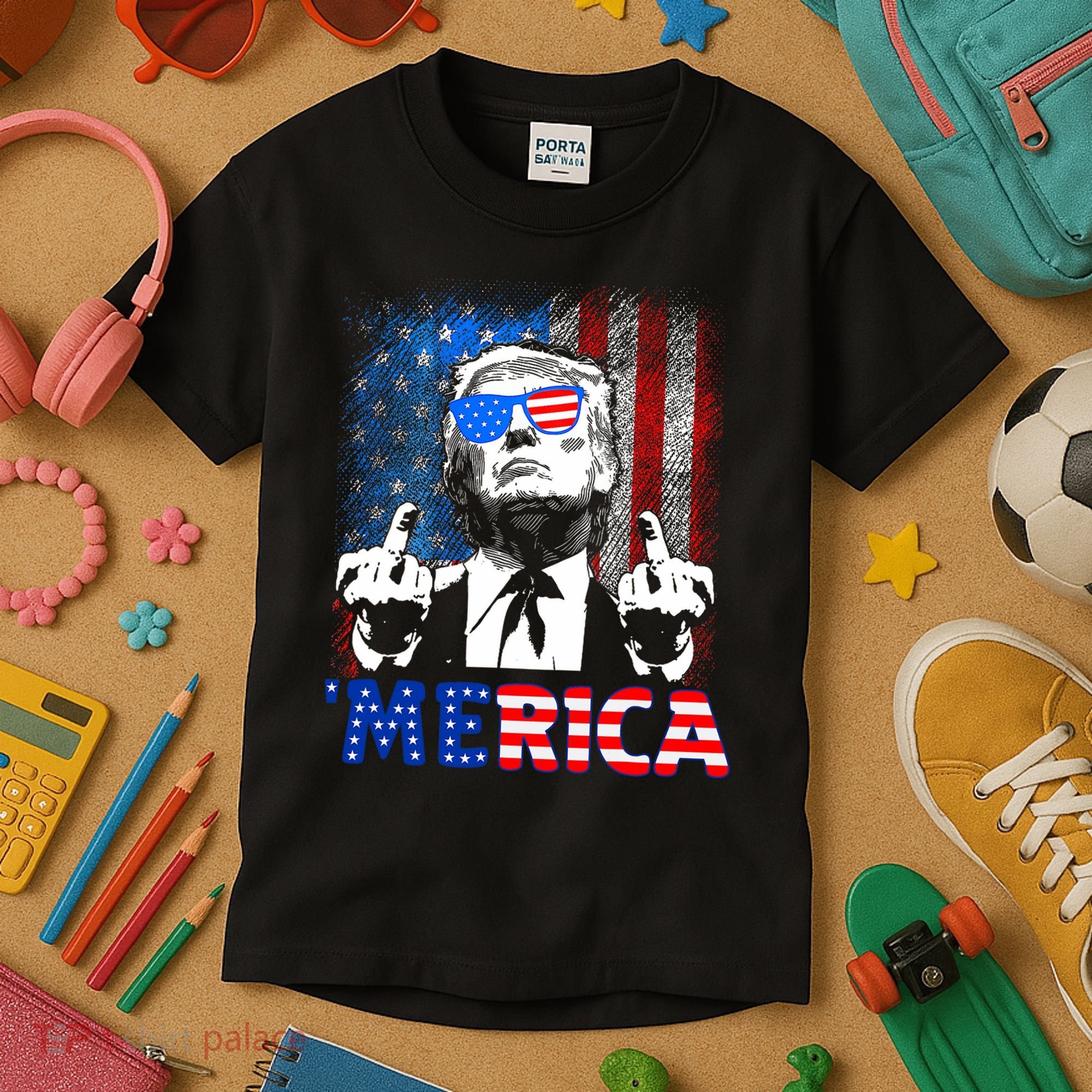 Funny Trump 4th Of July Merica American Flag Sunglasses Kids T-Shirt