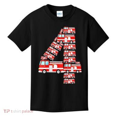 Fire Truck 4th Birthday Boy 4 Year Old Firefighter Kids T-Shirt