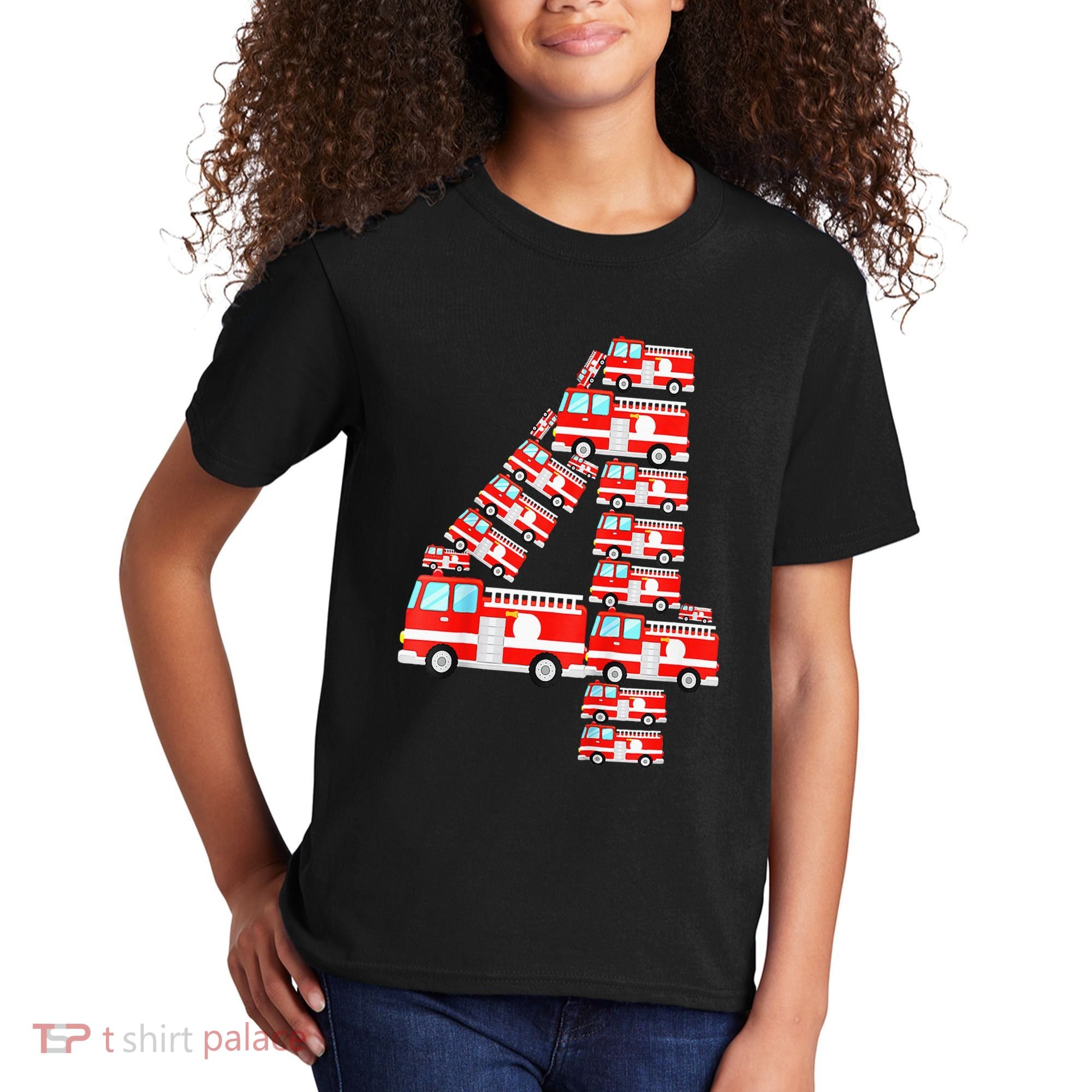 Fire Truck 4th Birthday Boy 4 Year Old Firefighter Kids T-Shirt