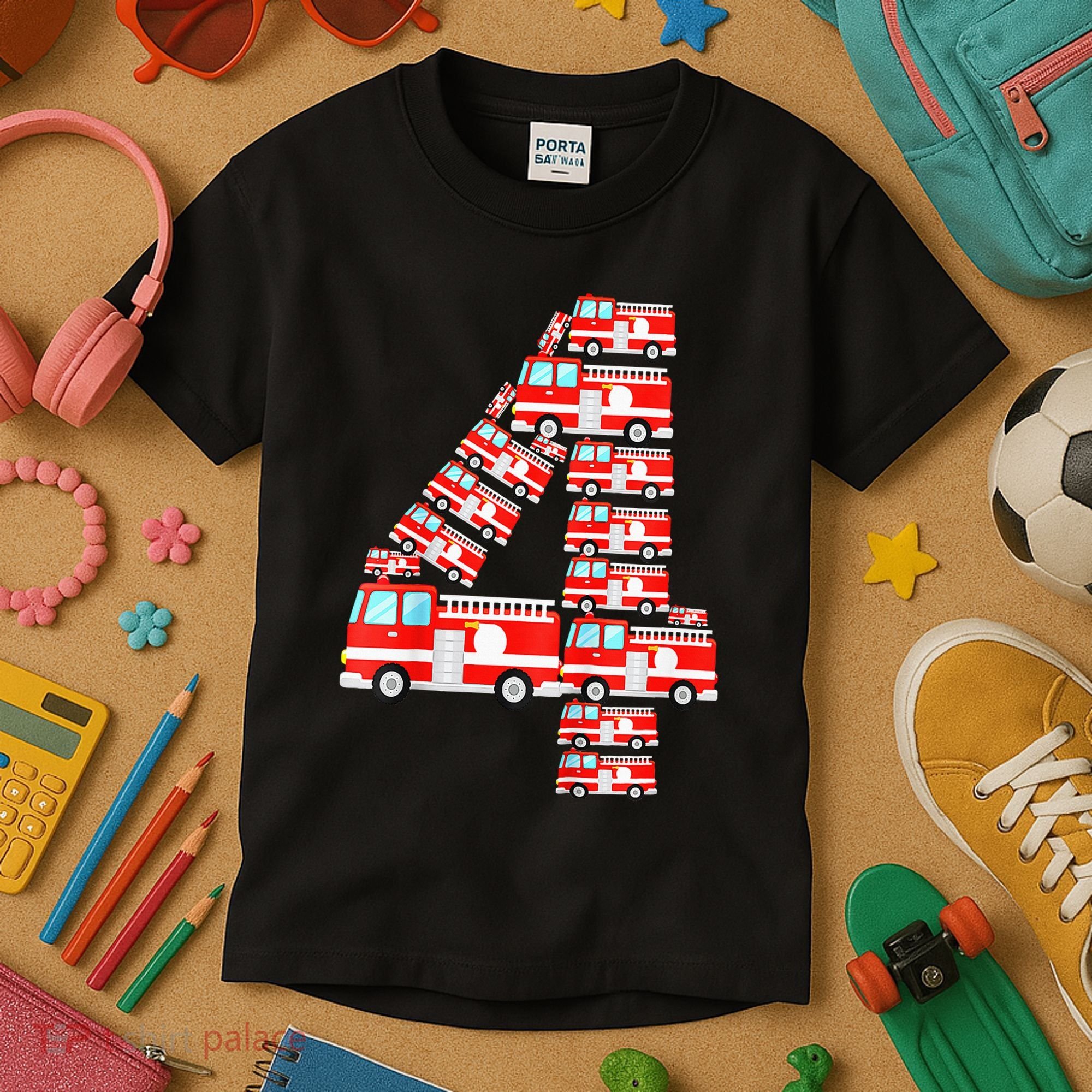 Fire Truck 4th Birthday Boy 4 Year Old Firefighter Kids T-Shirt