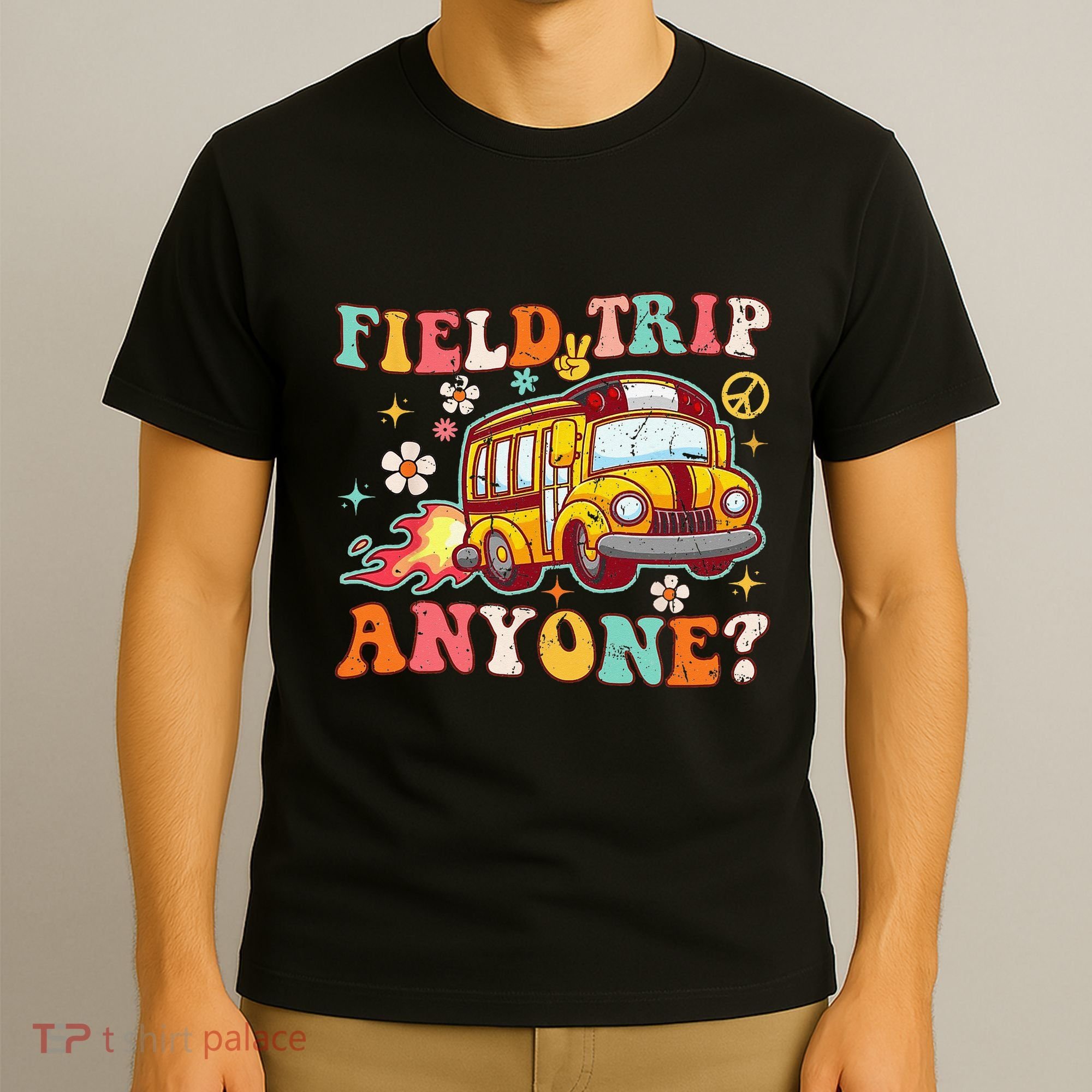 Field Trip Anyone Groovy School Bus Driver Yellow Bus T-Shirt